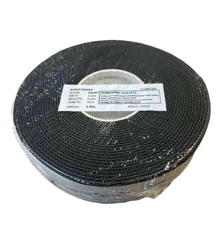 Burnstopper Band 9 x 3 mm Zwart (brandwerend glas) 300 meter